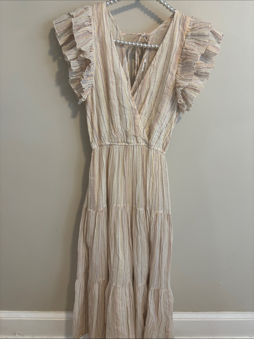 A Loves A Metallic Striped Surplice V-Neck Ruffled Sleeve Tiered Midi Dress XS
